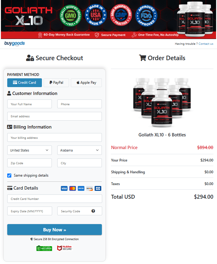 Goliath XL10 order page
